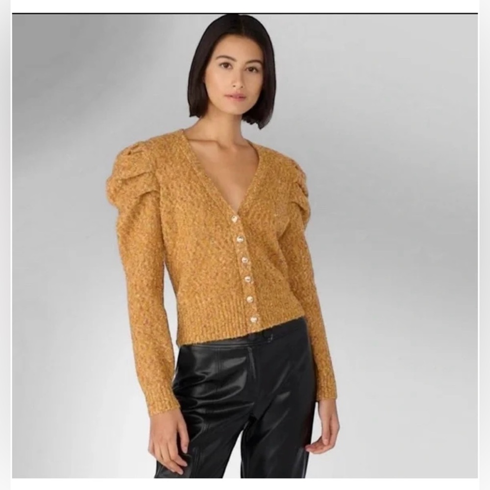 Karl Lagerfeld Paris Sweater Women XL Yellow Cardigan Textured Puff Shoulder
